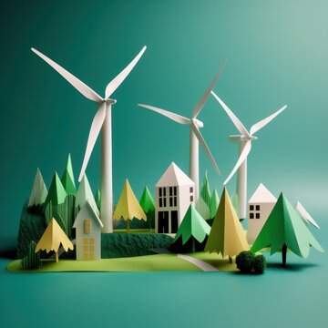 a paper model of a village with windmills and houses