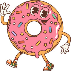 Cartoon donut groovy character. Isolated vector vibrant doughnut pastry dessert personage with funky smile, pink glaze and vividly colorful sprinkles, embodies a 70s vibe, with a wide, cheery smile