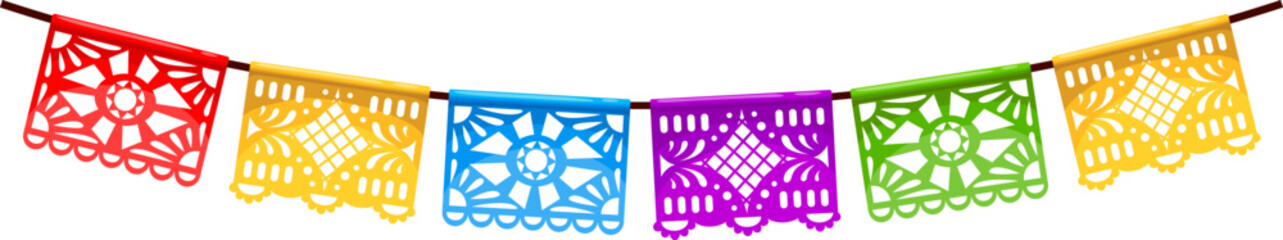 Mexican Cinco de mayo holiday pennants. Isolated cartoon vector hanging papel picado flag garland, vibrant party decorations, symbolizing joy and cultural pride for celebration of Hispanic heritage © Vector Tradition