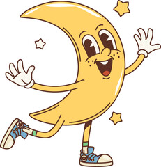 Cartoon crescent moon groovy character. Isolated vector whimsical, celestial personage with a cool, laid-back vibe, wide grin, and twinkle stars around, radiates a cosmic, carefree, funky charm