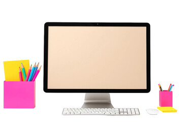 Desktop Computer with Sticky Note Isolated on Transparent Background PNG.