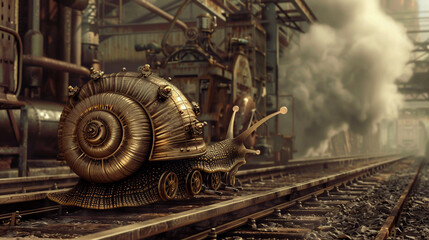 Fototapeta premium Snail turbo flames speed on a mission speeding through a snail at train station. Snail captured in a dynamic, sunlit scene, embodying movement and the beauty of nature. Retro style.