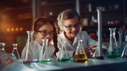 Two girls in lab, smiling, looking at beakers filled with liquid - obrazy, fototapety, plakaty