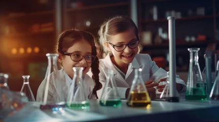Fotobehang Two girls in lab, smiling, looking at beakers filled with liquid © Nadzeya