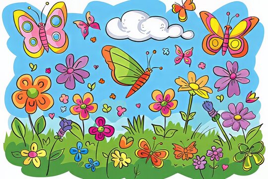 Cartoon cute doodles of a butterfly garden attracting colorful butterflies with nectar-rich flowers, Generative AI