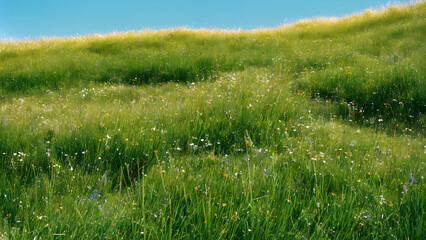 Obraz premium grass-blades-and-wildflowers-nestled-among-large-stones-clear-blue-sky-stretching-above-rendered