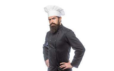 Bearded chef, cooks or baker. Bearded male chefs isolated. Cook hat. Confident bearded male chef in...