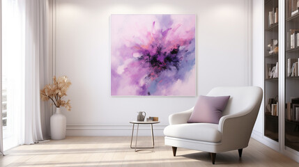 Minimalist Interior with White Armchair and Striking Purple Abstract Canvas Art