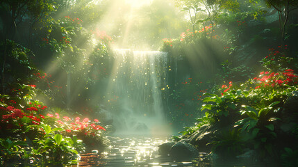 beautiful fantasy waterfall and flowers with natural background