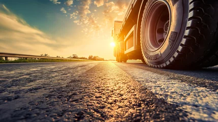Fotobehang Low angle photography of a gray cargo semi truck with trailer driving on the asphalt road surrounded by meadows. Summer season travel and transportation, trucking job during the sunset outdoors © Nemanja