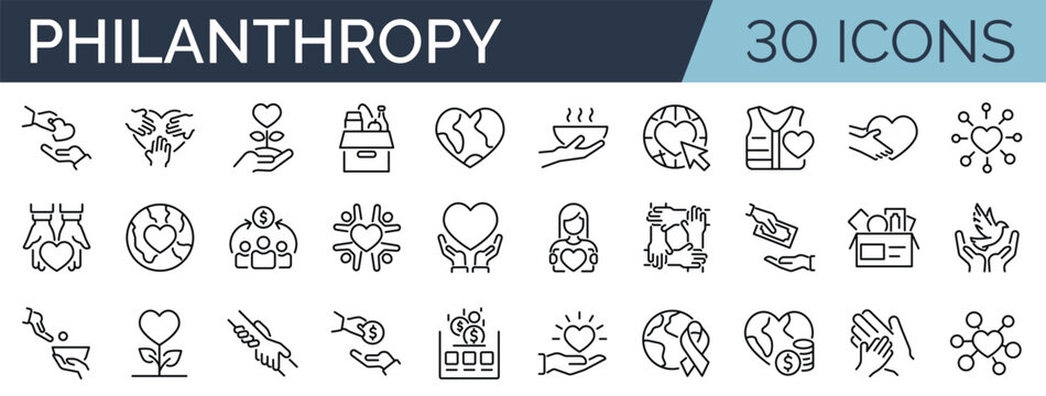 Set of 30 outline icons related to philanthropy.Linear icon collection. Editable stroke. Vector illustration