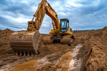 Obraz premium Bulldozer working at construction site with other machinery