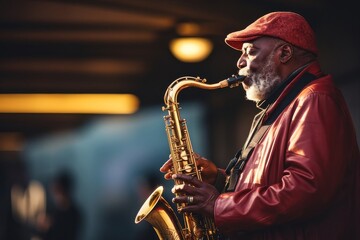 Saxophonist in red jacket playing saxophone at concert - obrazy, fototapety, plakaty