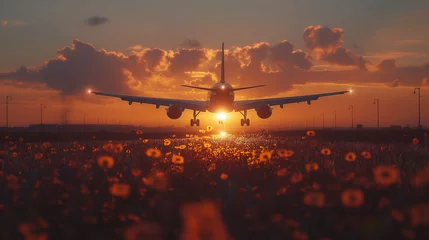 Foto auf Acrylglas Plane landing at sunset. © Nim