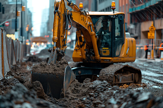 Bulldozer working at construction site with other machinery