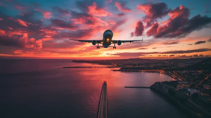 Fotobehang Plane flying over the city at sunset. © Nim