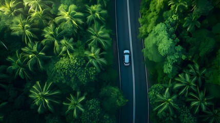 Car driving on asphalt road through lush forest from above - obrazy, fototapety, plakaty