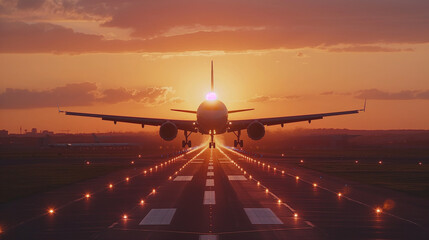 Plane landing at sunset. - obrazy, fototapety, plakaty