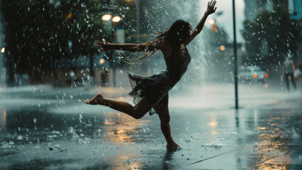 A person dances joyfully in the rain on an urban street corner.