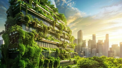 Obraz premium Eco-Architecture Excellence: Modern Sustainable Building Veiled in Greenery, Embracing Low Carbon Footprint Living. Harmonious Blend of Nature and Design, Showcasing Green Living
