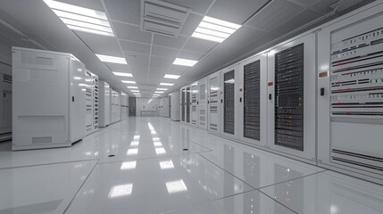Obraz premium Server Racks room. Data Technology Center Server Racks. Data storage, cloud storage, Network Server house.