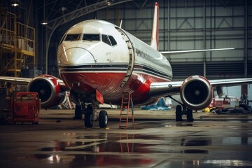 A red and white aircraft is parked in a hangar, awaiting service
