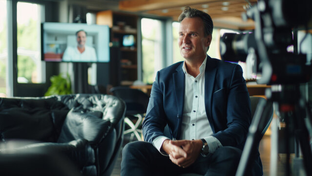 Confident businessman engaging in an interview on a professional set.