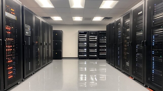 Server Racks room. Data Technology Center Server Racks. Data storage, cloud storage, Network Server house.