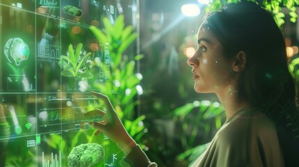 Analyzing Global Data Trends: A Professional Woman Interacts with Advanced Digital Interface for Environmental Insights. Female Analyst Engages with Interactive Display Showcasing Ecological Metrics.