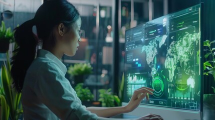 Analyzing Global Data Trends: A Professional Woman Interacts with Advanced Digital Interface for Environmental Insights. Female Analyst Engages with Interactive Display Showcasing Ecological Metrics.