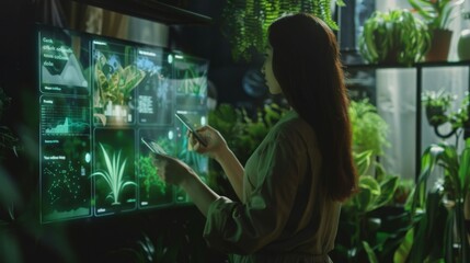 Analyzing Global Data Trends: A Professional Woman Interacts with Advanced Digital Interface for Environmental Insights. Female Analyst Engages with Interactive Display Showcasing Ecological Metrics.