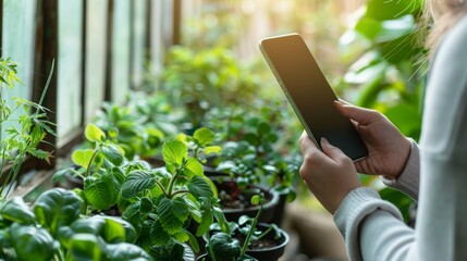 Urban Gardener Using Smartphone to Manage Lush Indoor Plant Collection, Blending Technology with Home Horticulture. Tech-Savvy Plant Care, Mobile Technology Amidst Verdant Greens - obrazy, fototapety, plakaty