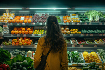 Woman contemplating various fresh fruits and vegetables in a grocery store. Healthy lifestyle choices showcased through vibrant produce selection
