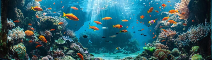 Fototapeta na wymiar Aquarium as a portal to parallel universes, exotic fish swimming across dimensions, cyan gateway