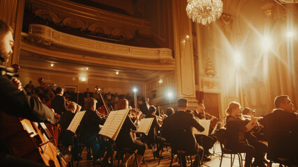 A classical music orchestra performs in an opulent concert hall, bathed in dramatic lighting.