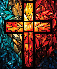Vibrant stained glass window depicting a cross, surrounded by abstract leaf designs in fiery and cool hues