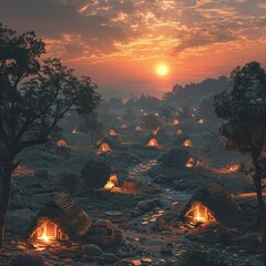 Copper Age village at dawn, the glow of early metallurgy igniting civilization - obrazy, fototapety, plakaty