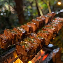 Tuinposter Churrasco, Brazilian BBQ, a celebration of meat and fire © AlexCaelus