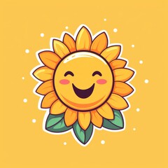 Smiling 2D-style sun holding a flower.