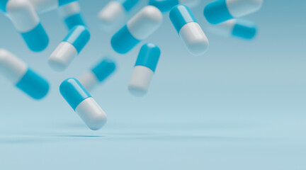 Medicine pharmacy pharmaceutical drugstore healthcare medical tablet pills medical tabs capsules concept. 3d rendering. - obrazy, fototapety, plakaty