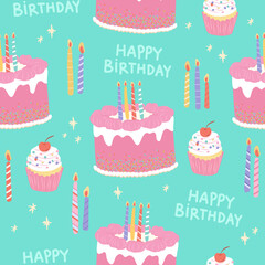 Pink happy birthday cake party seamless pattern