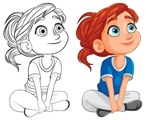 Two happy animated girls sitting and smiling.