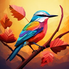 Colorful 2D-style bird perched on a branch