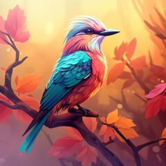 Colorful 2D-style bird perched on a branch