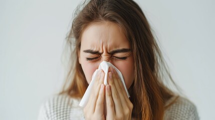 Woman sneezing into a paper tissue. allergies, colds, Spring allergies, and getting sick concept.