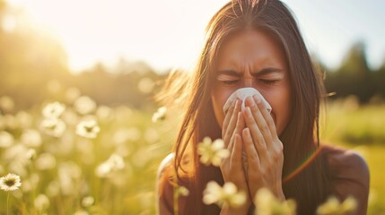 a woman sneezing into a paper tissue. allergies, hay fever, colds, Spring allergies, and getting sick concept. on meadow background with copy space. - obrazy, fototapety, plakaty