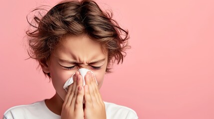 a boy sneezing into a paper tissue. allergies, hay fever, colds, Spring allergies, and getting sick concept. on pink background with copy space. - obrazy, fototapety, plakaty