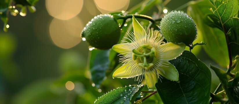 Macro photography of a terrestrial plant showcasing a close up of a flower with green fruits hanging from it, emphasizing the beauty of natural foods.