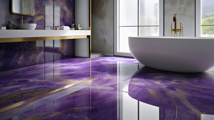 Empty luxurious purple and golden bathroom interior with shiny floor, bathtub, sink, faucet, mirror and window. Modern indoors apartment architecture, ceramic villa or mansion tile inside