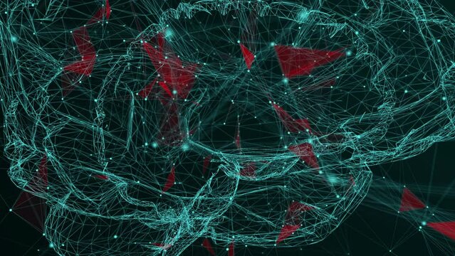 Abstract video of a space of particles consisting of various kinds of formulas, handwritten notes and words associated with creative thinking, a digital halographic image of the human brain